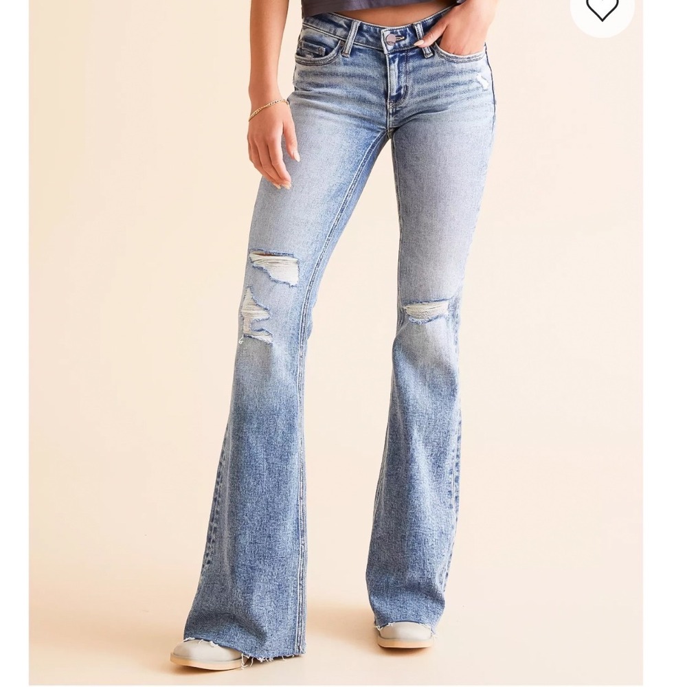 BKE Stella Flare Jeans Womens 24x34 Light Wash Low Rise Distressed Raw Hem Slim